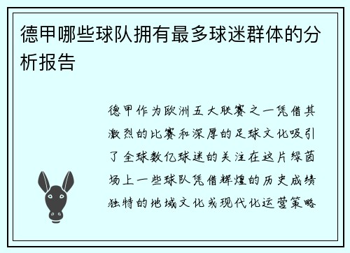 德甲哪些球队拥有最多球迷群体的分析报告