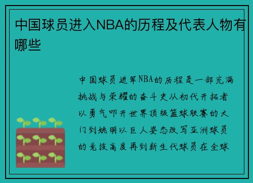 中国球员进入NBA的历程及代表人物有哪些