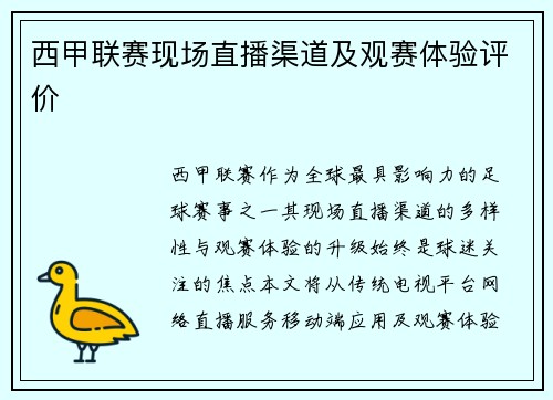 西甲联赛现场直播渠道及观赛体验评价